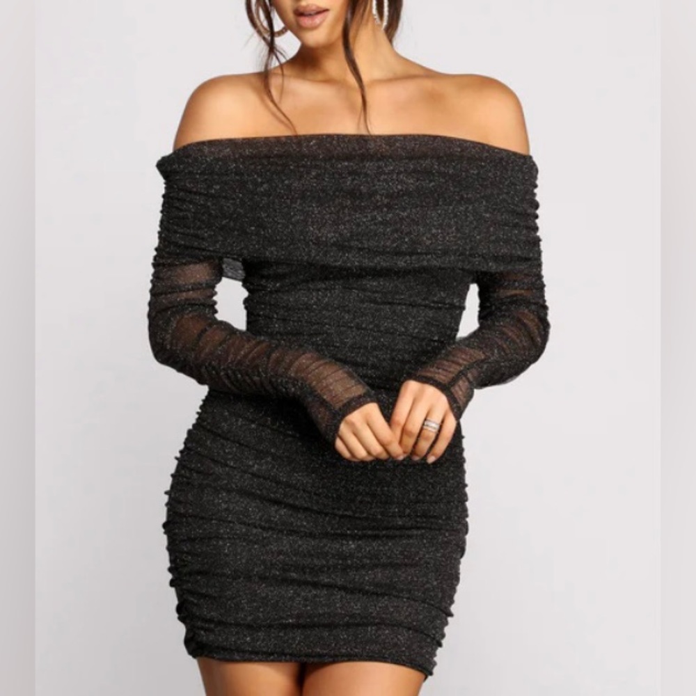 Black Shimmer Off Shoulder Ruched Bodycon Mini Dress